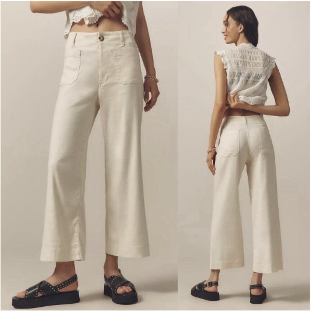 Maeve Colette Womens 30 Linen Blend Crop Wide Leg Pants Ivory Boho Preppy City